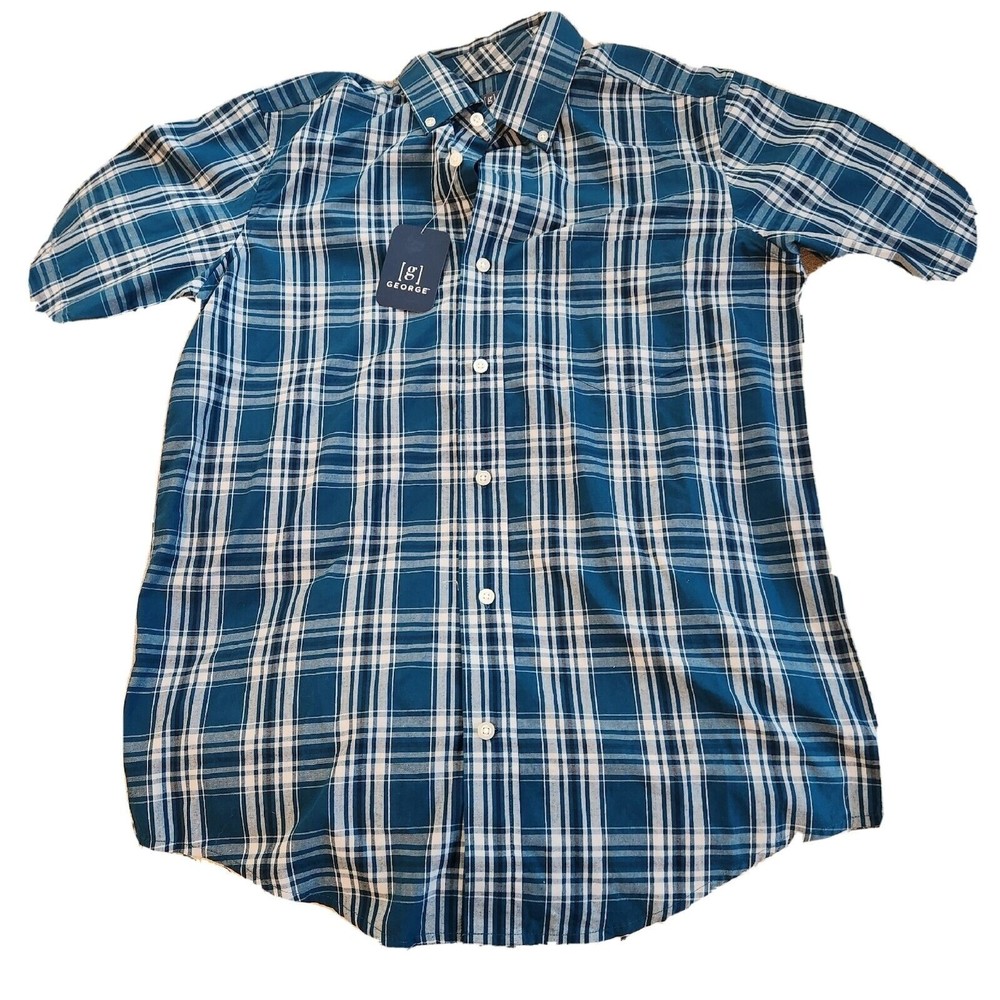 GEORGE Shirt Mens Small‎ Short Sleeve Button Down Blue White NEW WITH TAGS NWT
